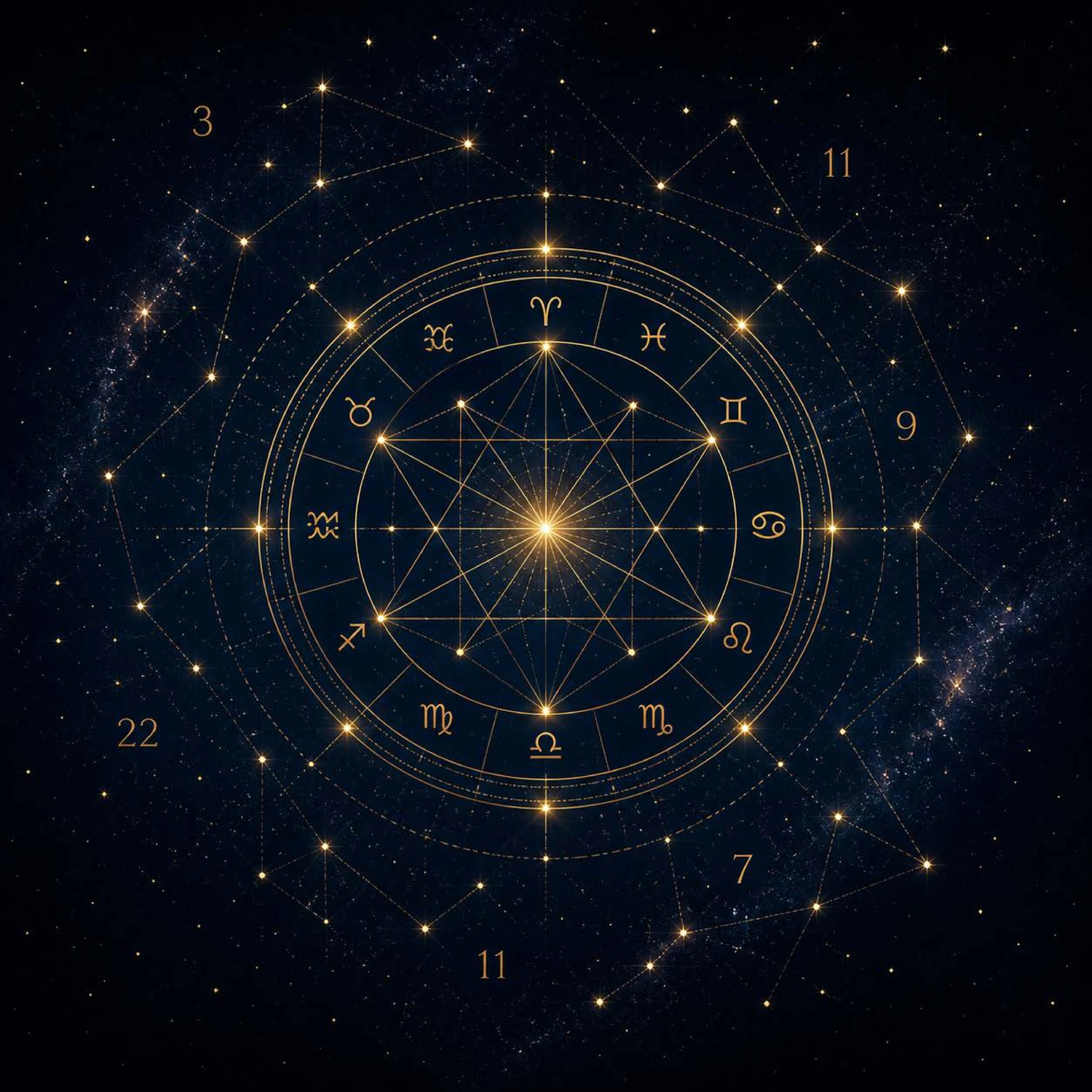 Sabine Groß - Medialität, Sensitivität & energetische Begleitung - Ein kunstvolles, goldverziertes Tierkreisrad vor einem dunklen, sternenklaren kosmischen Hintergrund, das astrologische Symbole, heilige Geometrie und verstreute Zahlenkonstellationen zeigt.