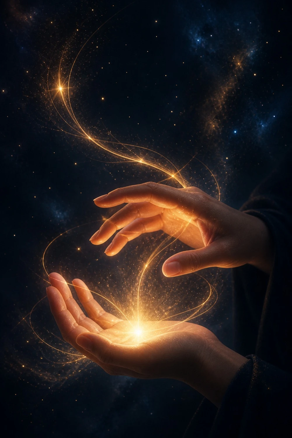 Sabine Groß - Medialität, Sensitivität & energetische Begleitung - Leuchtende Hände weben goldenen Sternenstaub und wirbelnde Lichtspuren vor einem dunklen, himmlischen Nebelhintergrund.